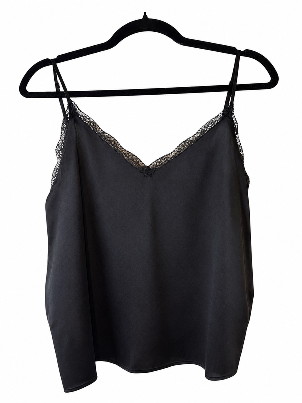 BCBG Black Satin Lace Trim Cami Tank Top NWT Medium Minimalist Closet Staple